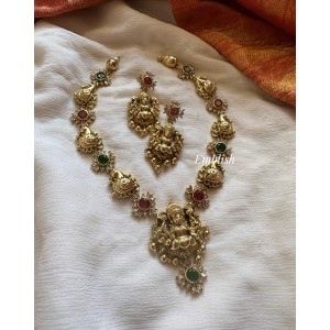 Antique Lakshmi Pendant With Peacock Flower Short Neckpiece - Gold Beads