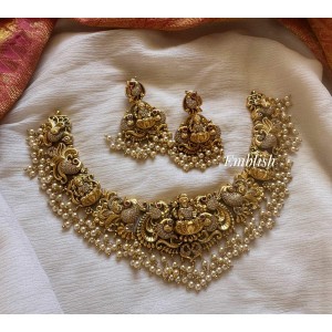 Gold alike Lakshmi AD Double Peacock Intricate Pearl Drop Neckpiece