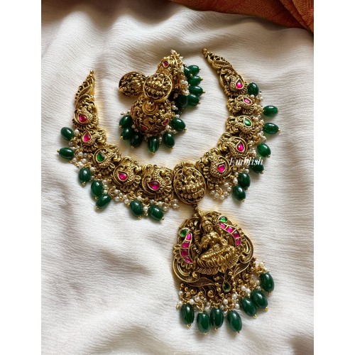 Kundan Jadau Lakshmi with Double Peacock Neckpiece - Green Beads.