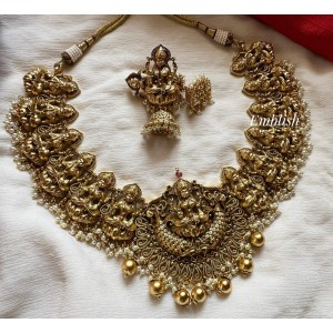 Antique Lakshmi with Peacock Intricate Short Neckpiece - Gold Beads.