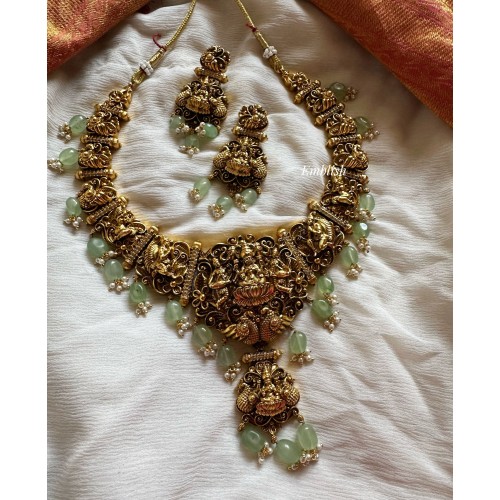 Gold alike Lakshmi Double Pendant Pastel Bead Neckpiece 