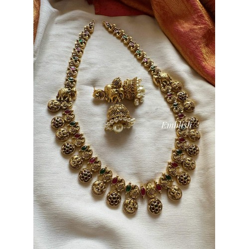 Nakshi Haathi with Lakshmi Coin Flower Drop  Neckpiece