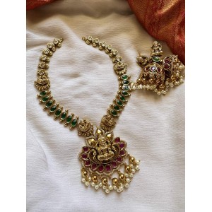 Gold alike Kemp Lakshmi with Peacock Flower Neckpiece - Short