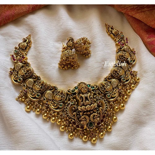 Nakshi AD Lakshmi with Peacock Short Neckpiece - Gold Beads.