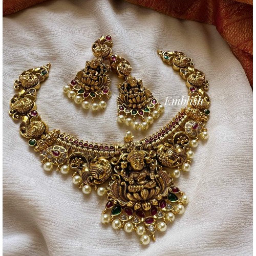 Nakshi Lakshmi with Double Peacock Mango Neckpiece - Pearl Drops