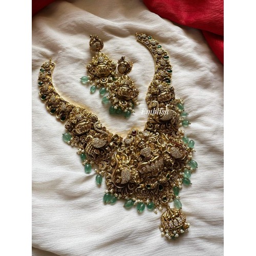 Gold alike Grand AD Lakshmi with Peacock Neckpiece - Pastel Bead