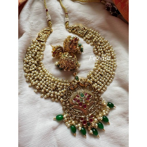 Kemp Flower Peacock Pendant Pearl Bunch non idol Neckpiece - Green Beads