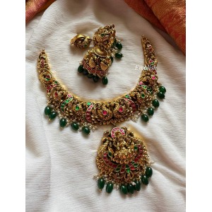 Kundan Jadau Lakshmi with Double Peacock Intricate Short Neckpiece - Green Beads.