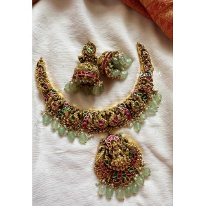 Kundan Jadau Lakshmi with Double Peacock Intricate Short Neckpiece - Pastel Beads.