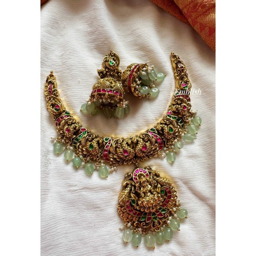 Kundan Jadau Lakshmi with Double Peacock Intricate Short Neckpiece - Pastel Beads.