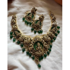 Real Gold Inspired Lakshmi AD Stone Green Bead Neckpiece - Short