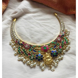 Royal Kundan Jadau Lakshmi Flower Multicolour Short Neckpiece - Pearl Beads