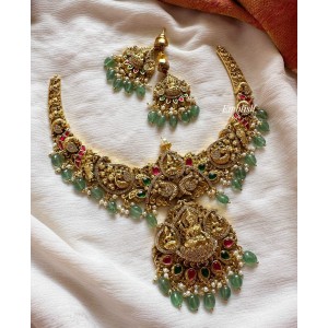 Gold alike Kundan Jadau Lakshmi with Peacock Intricate Mango Neckpiece - Pastel Beads