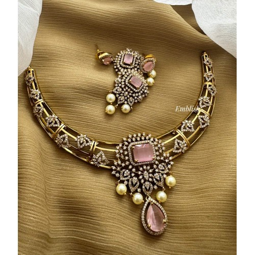 Fancy AD Tear Drop Neckpiece Set - Pastel Pink