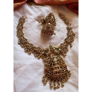 Gold alike Antique Lakshmi intricate with Peacock Short Neckpiece - Gold Drops