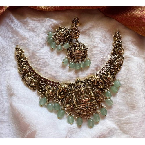 Gold alike Lakshmi Mahal with Haathi Peacock Short Neckpiece - Pastel Beads