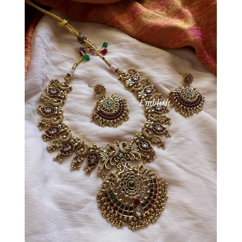 Kemp Flower Double Peacock Mango Non Idol Neckpiece - Gold Beads