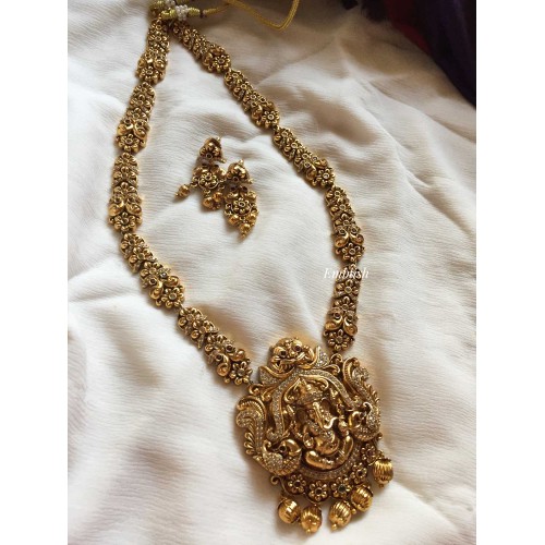 Antique Ganesha with Flower Gold Drops Neckpiece