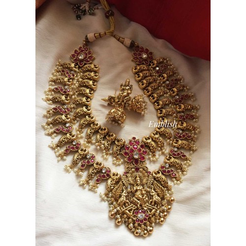 Antique Gold alike Gaja Lakshmi with Peacock Layer Haram - Red