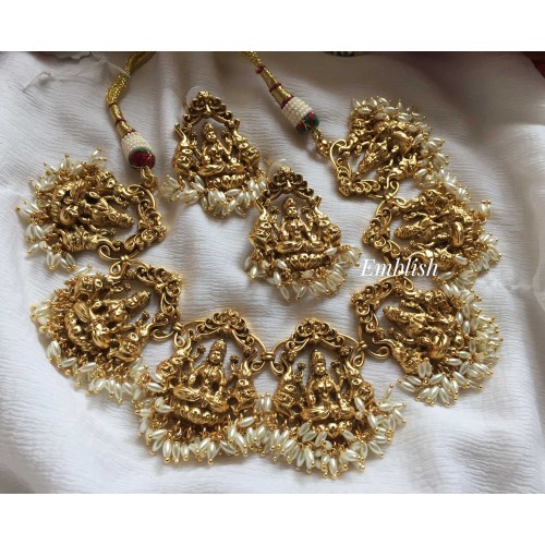 Gold alike Lakshmi with rice pearls Short Neckpiece 