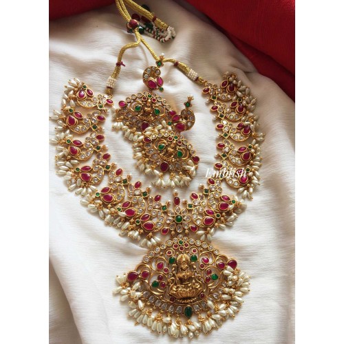 Antique Matt finish Lakshmi Kemp stone Cut Work with Rice pearls Neckpiece