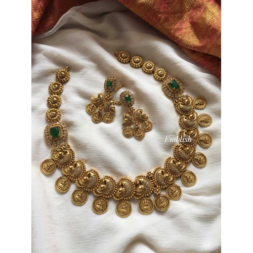 Gold alike Peacock with Lakshmi coin Flower Neckpiece