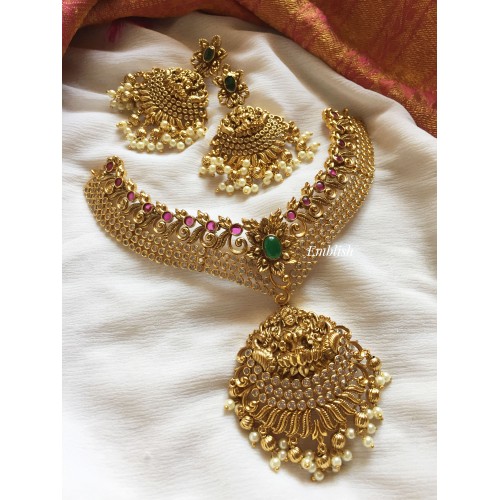 Antique Lakshmi with double peacock Flower intricate Neckpiece