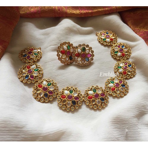 Navrathna flower round neckpiece 