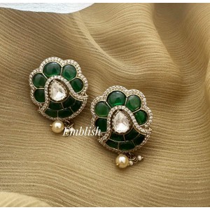 Victorian Kemp Flower Pearl Drop Stud - Green