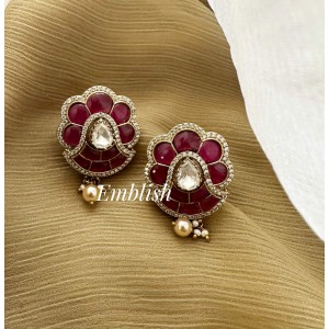 Victorian Kemp Flower Pearl Drop Stud - Red