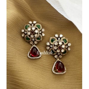 Victorian Kundan Jadau Flower Drop Earring - Green