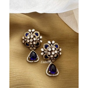 Victorian Kundan Jadau Flower Drop Stud - Blue