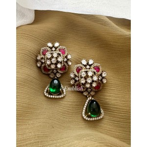 Victorian Kundan Jadau Flower Drop Earring - Red