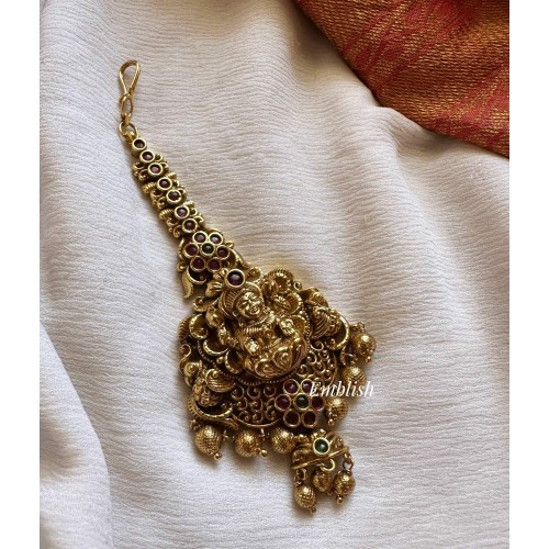 Antique Lakshmi with Peacock Intricate Flower Tikka - Gold Beads