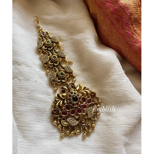 Antique Kemp Flower with AD Double Peacock Tikka - Gold Drops