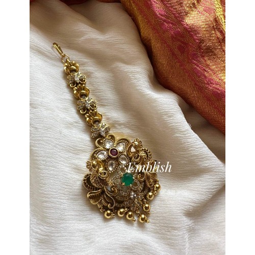 Antique Kundan Flower with  3D Peacock Tikka - Gold Drops