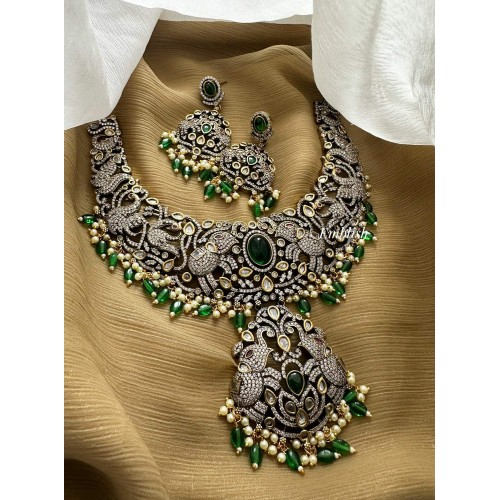 Royal Victorian Double Hathi Peacock Intricate Neckpiece - Green