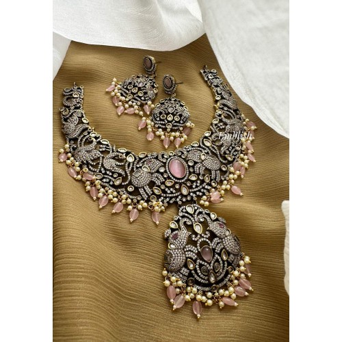 Royal Victorian Double Hathi Peacock Intricate Neckpiece - Pastel Pink