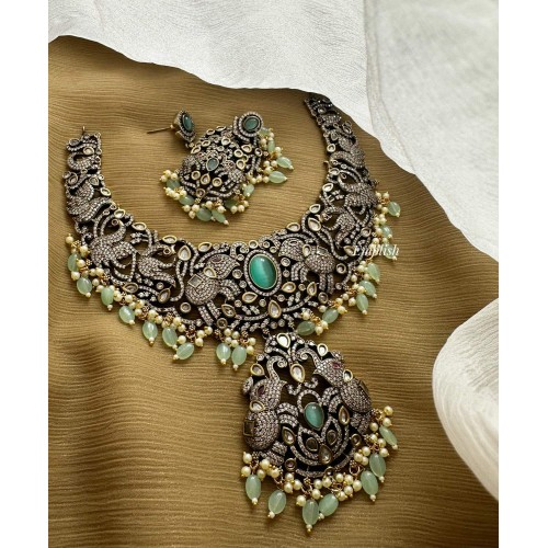 Royal Victorian Double Hathi Peacock Intricate Neckpiece - Pastel Blue