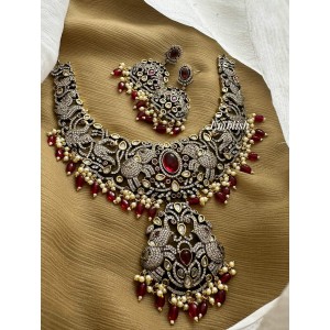 Royal Victorian Double Hathi Peacock Intricate Neckpiece - Red