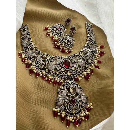 Royal Victorian Double Hathi Peacock Intricate Neckpiece - Red