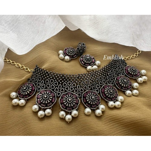 Grand Victorian Flower Pearl Drop High Neck Choker