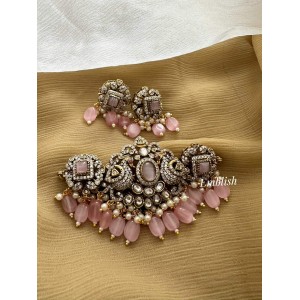 Victorian Flower with Double Peacock Choker - Pastel Pink