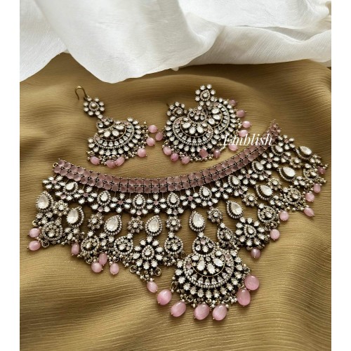 Grand Royal Victorian Flower Bridal Choker with Tikka Set - Pastel Pink