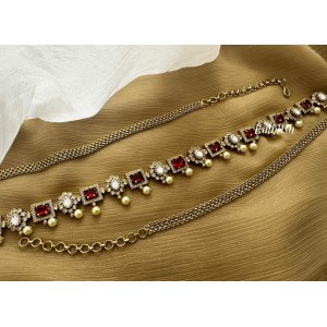 Victorian Flower Square Pearl Drop Hipchain - Maroon