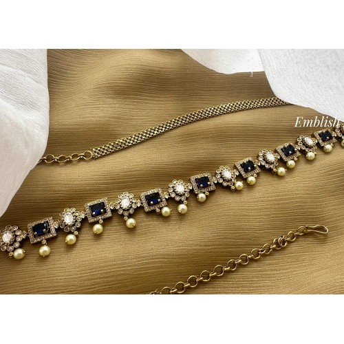 Victorian Flower Square Pearl Drop Hipchain - Blue