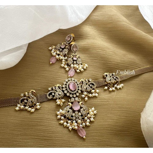 Victorian Flower Peacock Pendant High Neck Choker - Pastel Pink