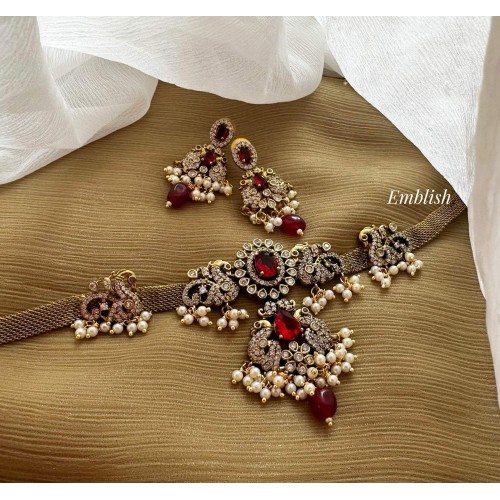 Victorian Flower Peacock Pendant High Neck Choker - Red