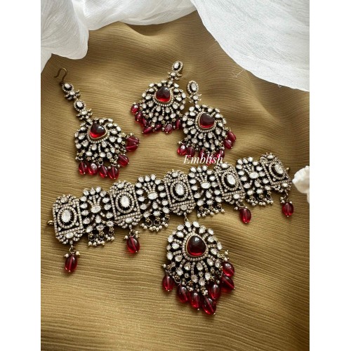 Grand Royal Victorian Flower Choker with Tikka Set - Red