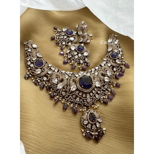 Grand Victorian Flower with Peacock Pendant Short Neckpiece - Purple